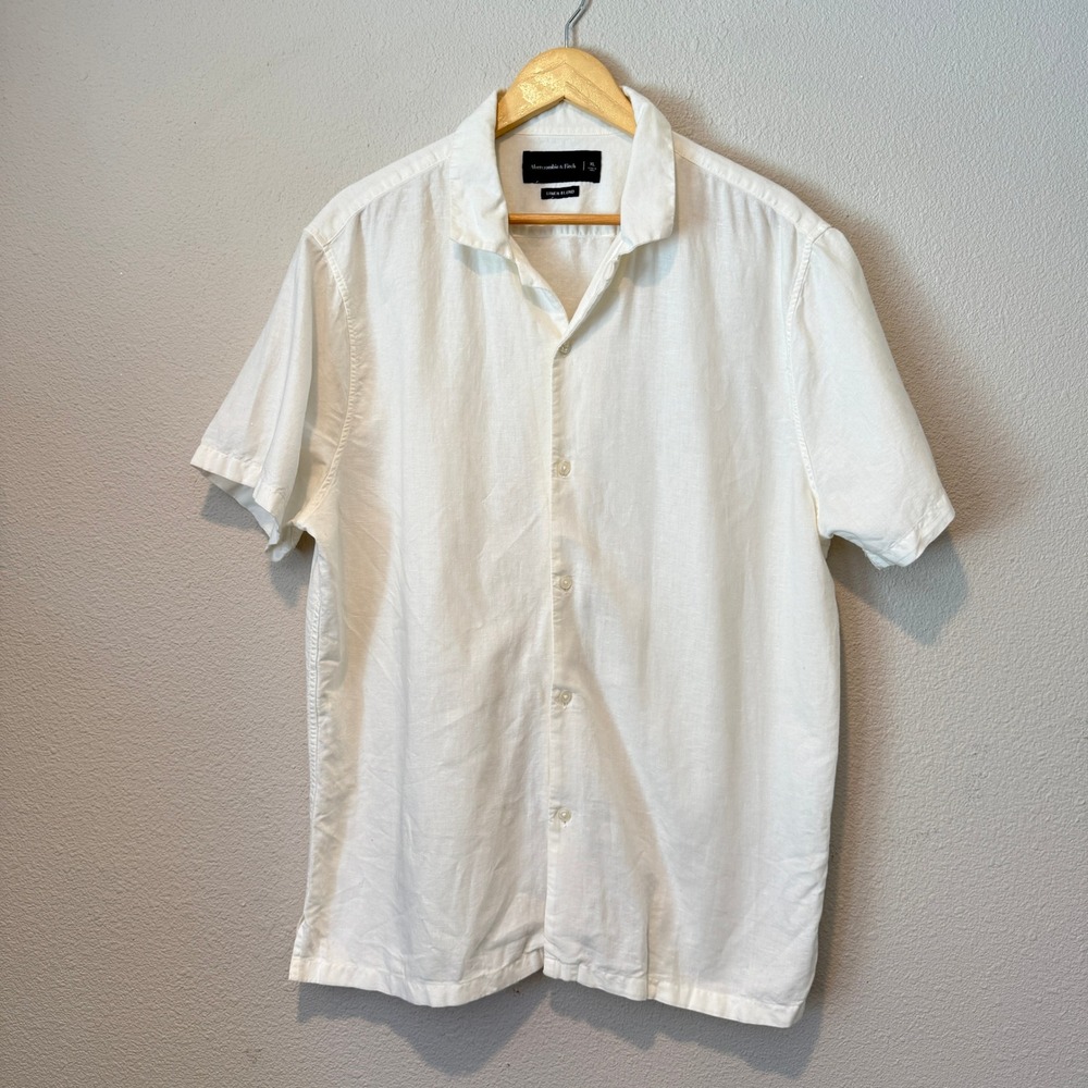 Abercrombie & Fitch Mens XL White Linen Blend Short Sleeve Button Up Camp Shirt